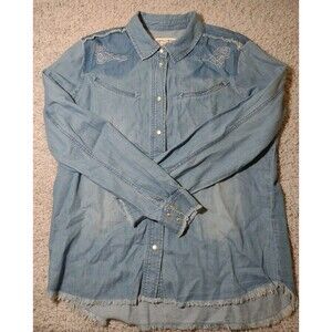 Idyllwind M Denim Button Down Long Sleeve Intentional Wear Hems Embroidery